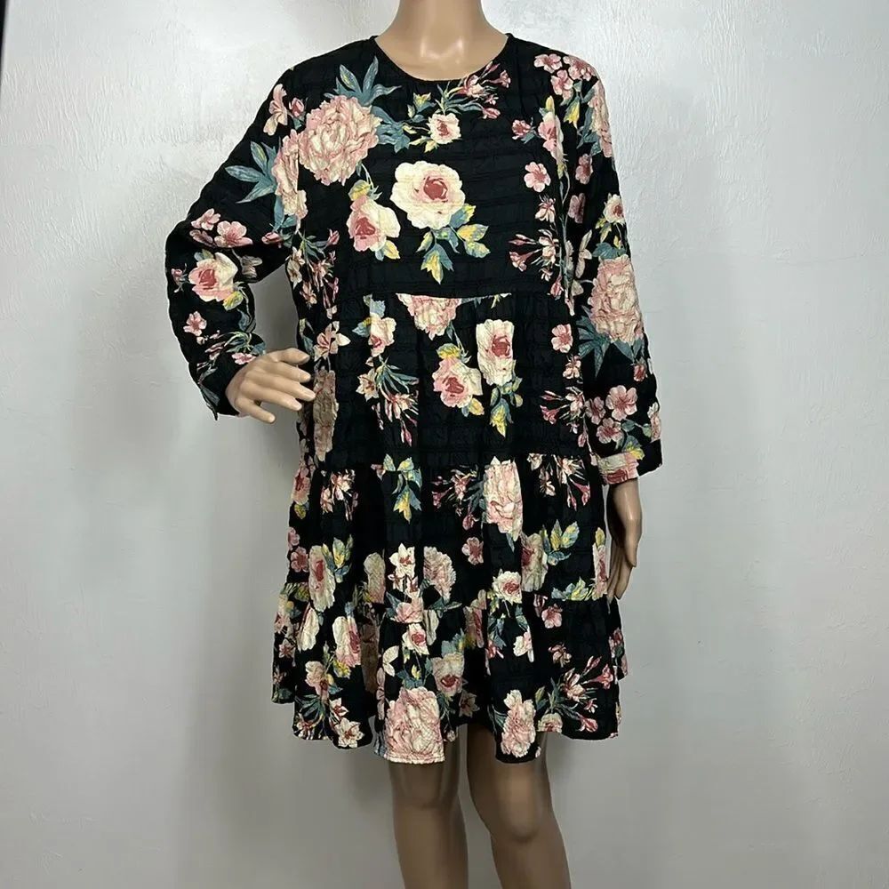 ZARA Sharon Floral Print 3/4 Sleeve Babydoll Mini Dress Size XL - Picture 2 of 10